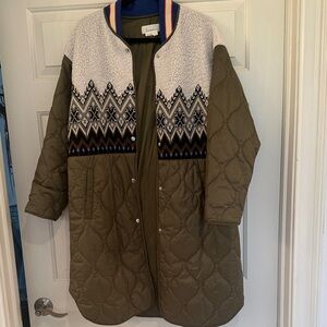 Anthropologie Olive Quilted Puffer Coat with Ivory Fair Isle Yoke